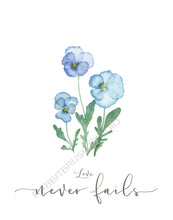 Load image into Gallery viewer, Pressed Pansy Flower Scripture Art - Love never Fails
