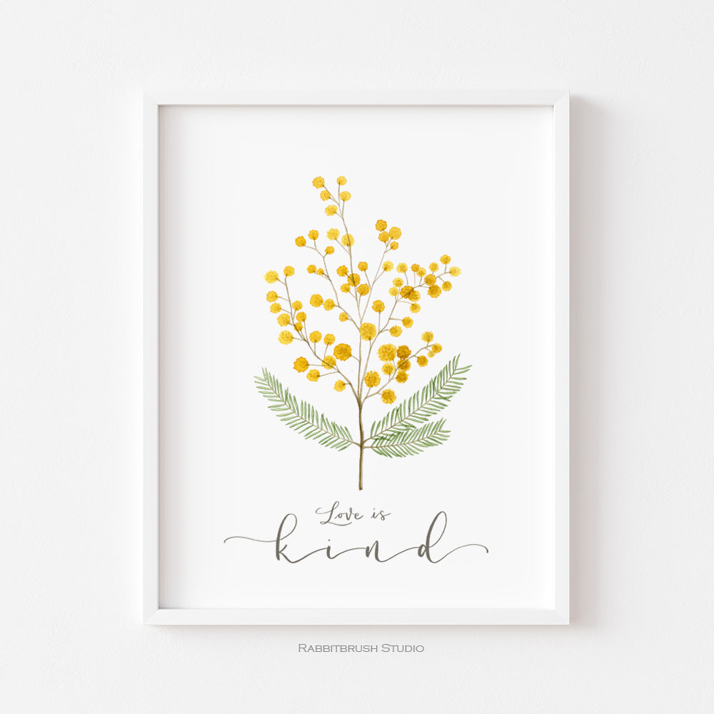 Pressed Mimosa Flower Scripture Art - Love is Kind